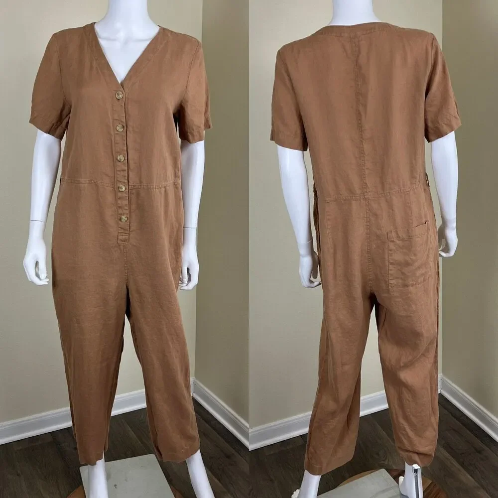 Everlane Women's Size 8 Camel Linen Straight Leg Cropped Jumpsuit Causal Minimal
